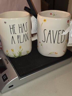 Rae Dunn White Floral 'He Has A Plan' & 'Saved' Mug Pair